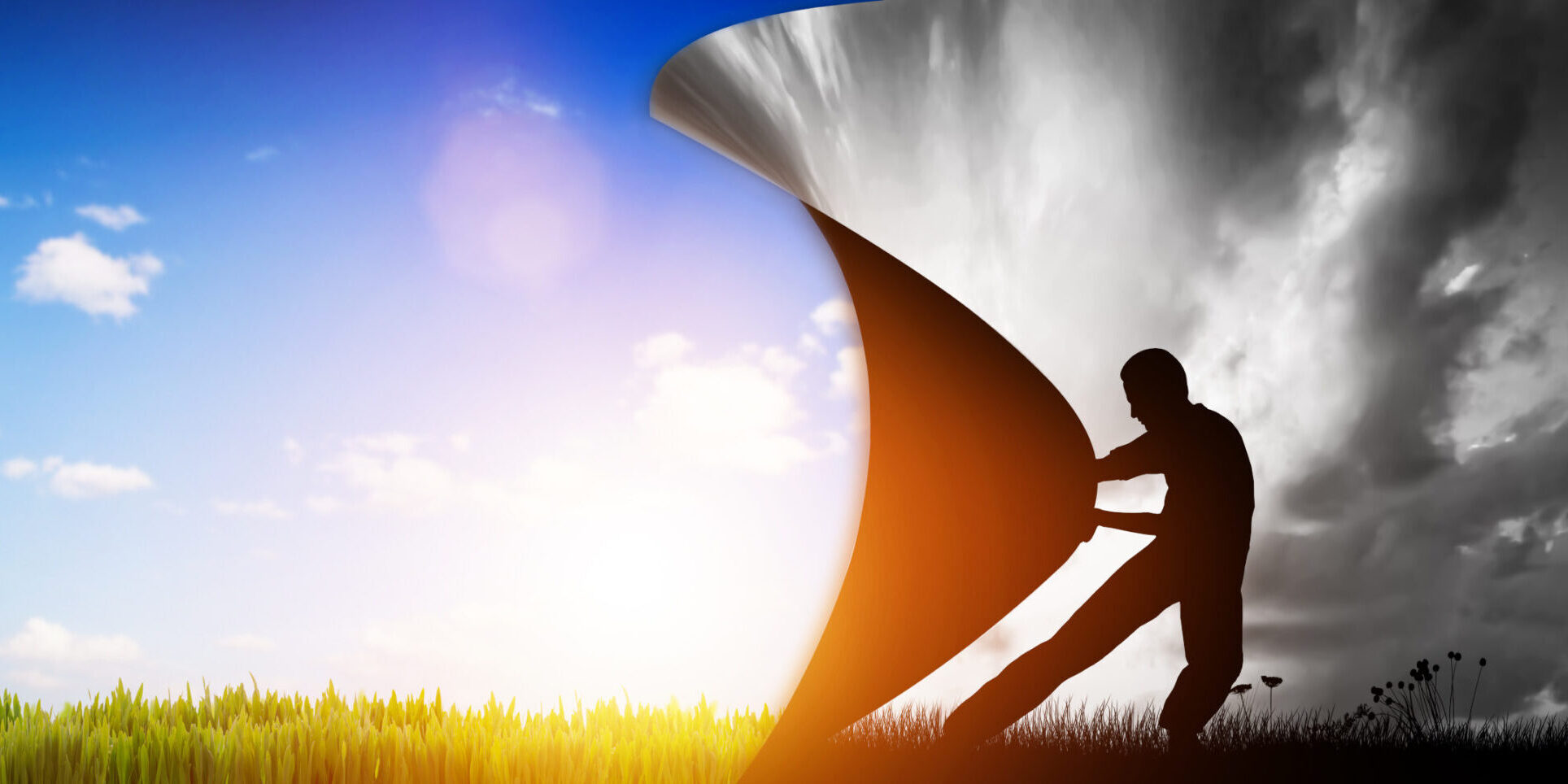 Man pulling the curtain up to a new colorful world.